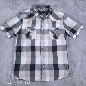 Salt Valley‎ Western Shirt Mens Large Beige Gray Plaid Short Sleeve Pearl Snap